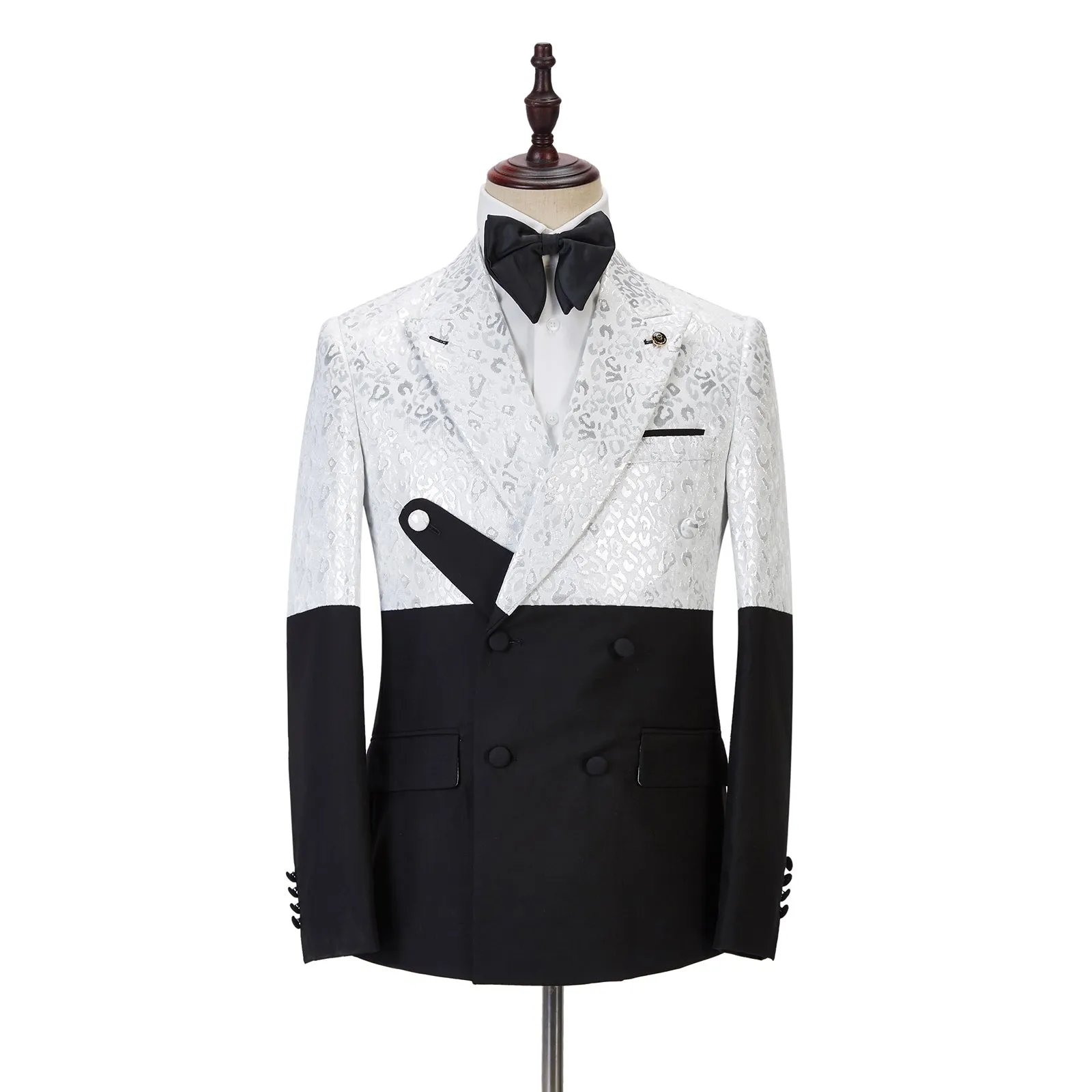 Black and White Jacquard Peaked Lapel Men Suits Online