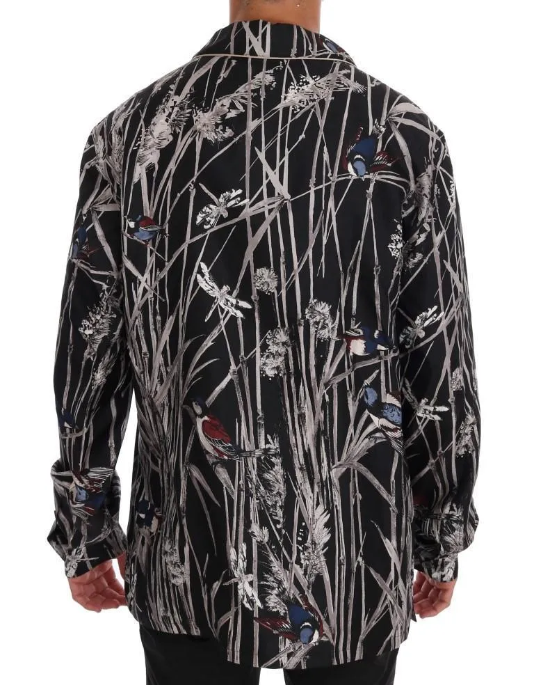 Black Bird Print Pajama Shirt