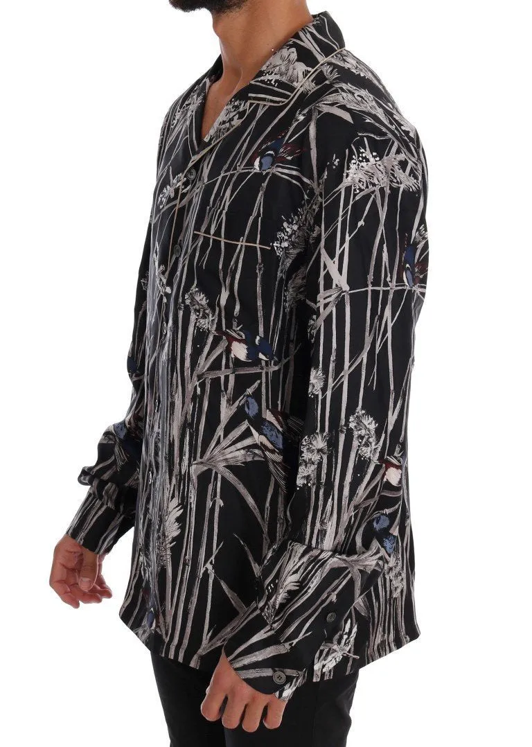 Black Bird Print Pajama Shirt