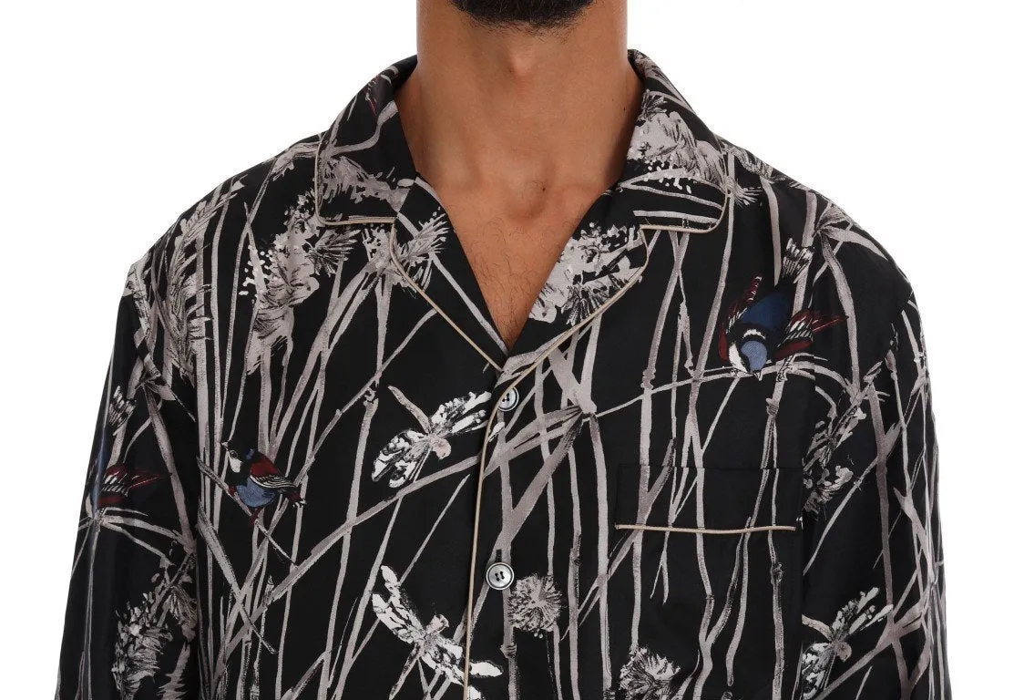 Black Bird Print Pajama Shirt