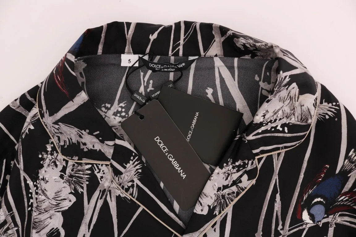 Black Bird Print Pajama Shirt