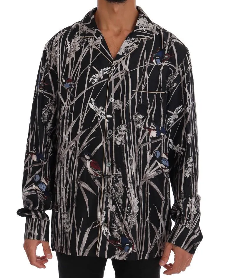 Black Bird Print Pajama Shirt