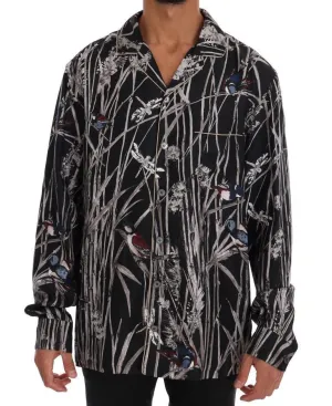 Black Bird Print Pajama Shirt