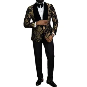 Black Floral Jacquard Prom Men Suits With Velvet Shawl Lapel