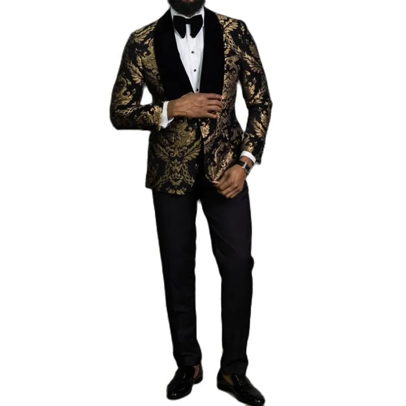 Black Floral Jacquard Prom Men Suits With Velvet Shawl Lapel