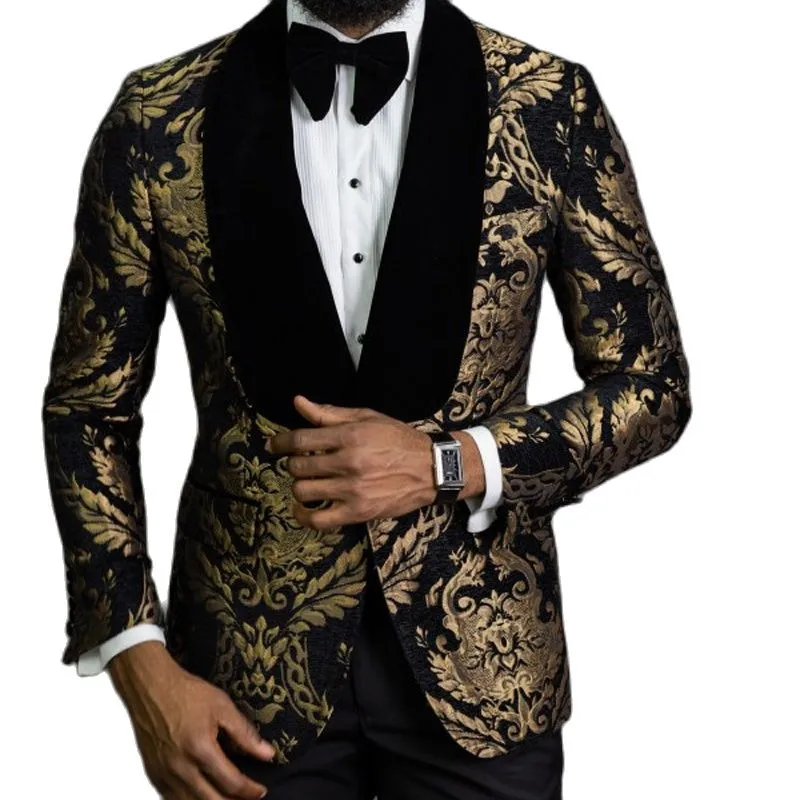 Black Floral Jacquard Prom Men Suits With Velvet Shawl Lapel