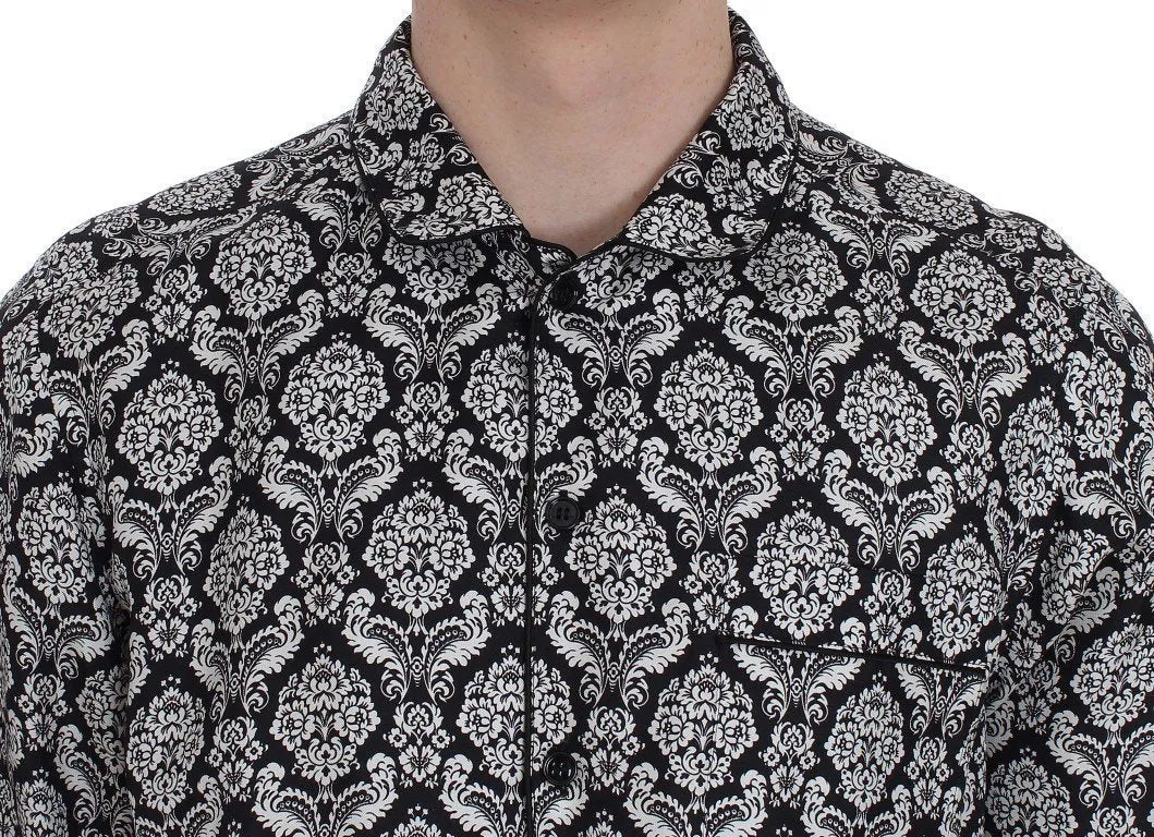 Black Floral Print Silk Pajama Shirt