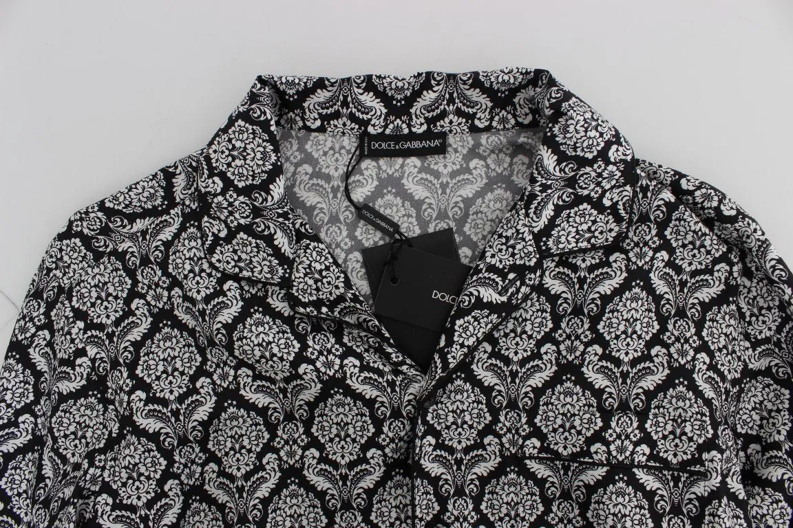 Black Floral Print Silk Pajama Shirt