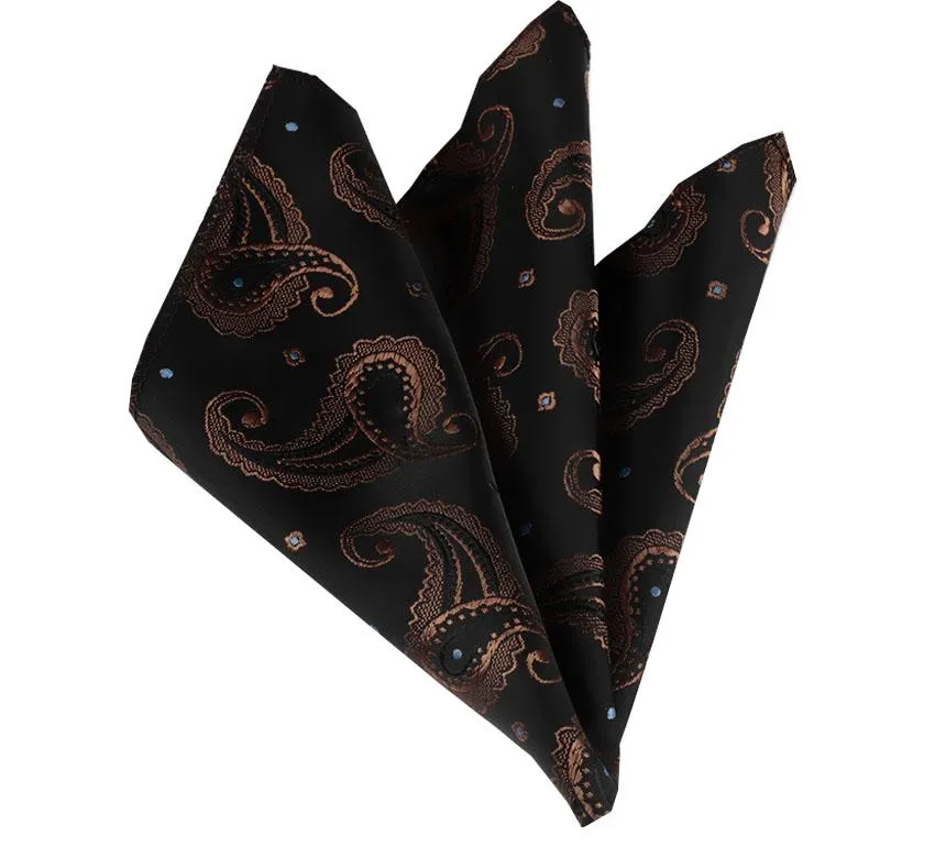 Black Gold Paisley Pocket Square for Men - Premium Silk Handkerchiefs for Suits