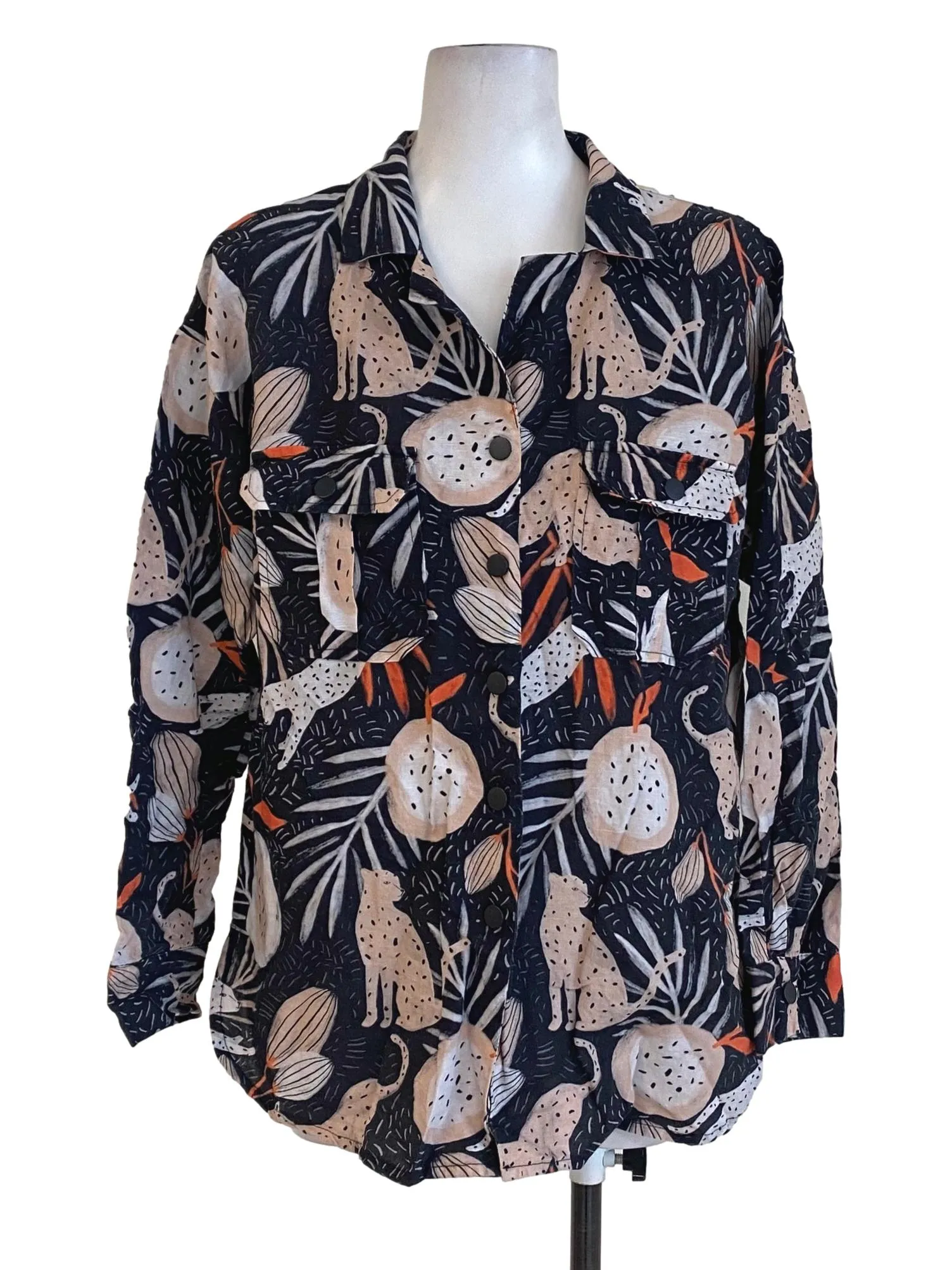 Black Patterned Button Down Blouse