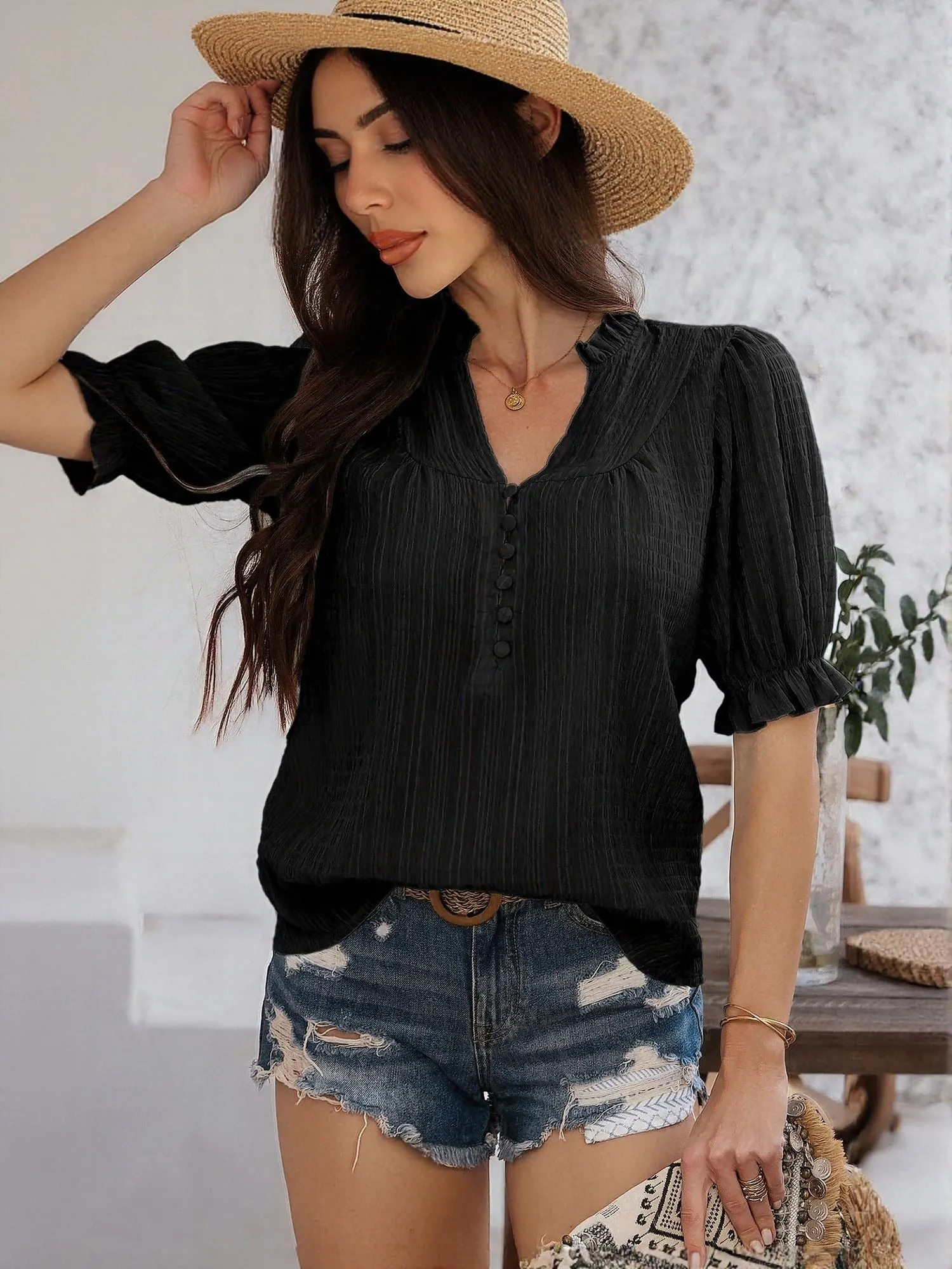 Black Peasant Top With Button Detail