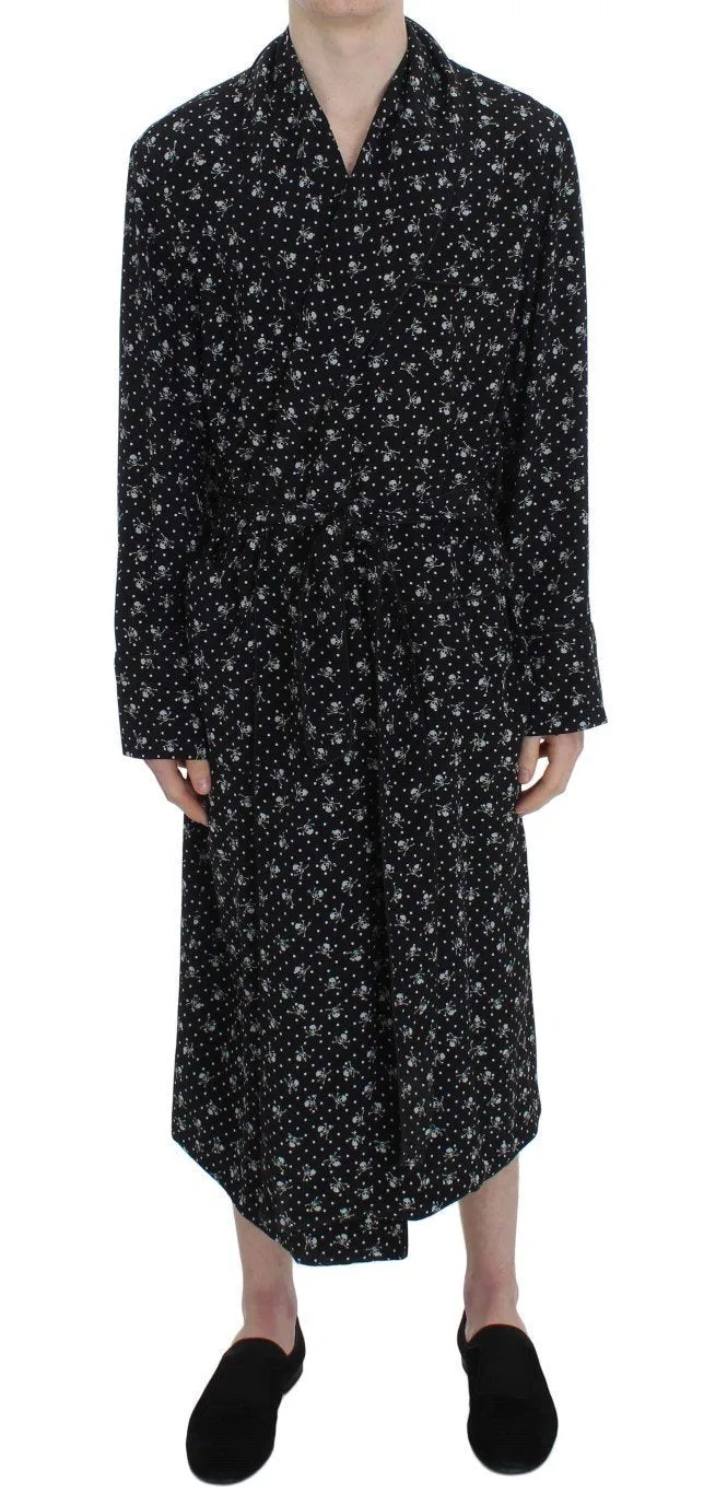 Black Skull Print Silk Sleepwear Robe