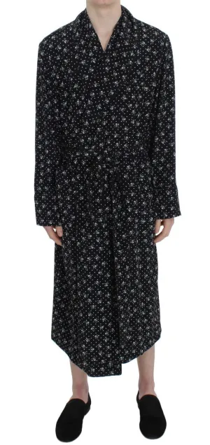 Black Skull Print Silk Sleepwear Robe