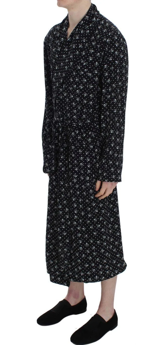 Black Skull Print Silk Sleepwear Robe