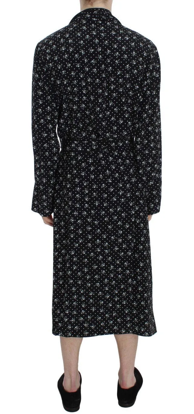 Black Skull Print Silk Sleepwear Robe