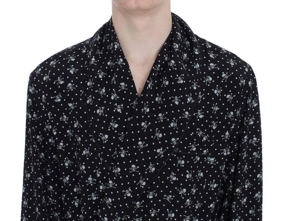 Black Skull Print Silk Sleepwear Robe