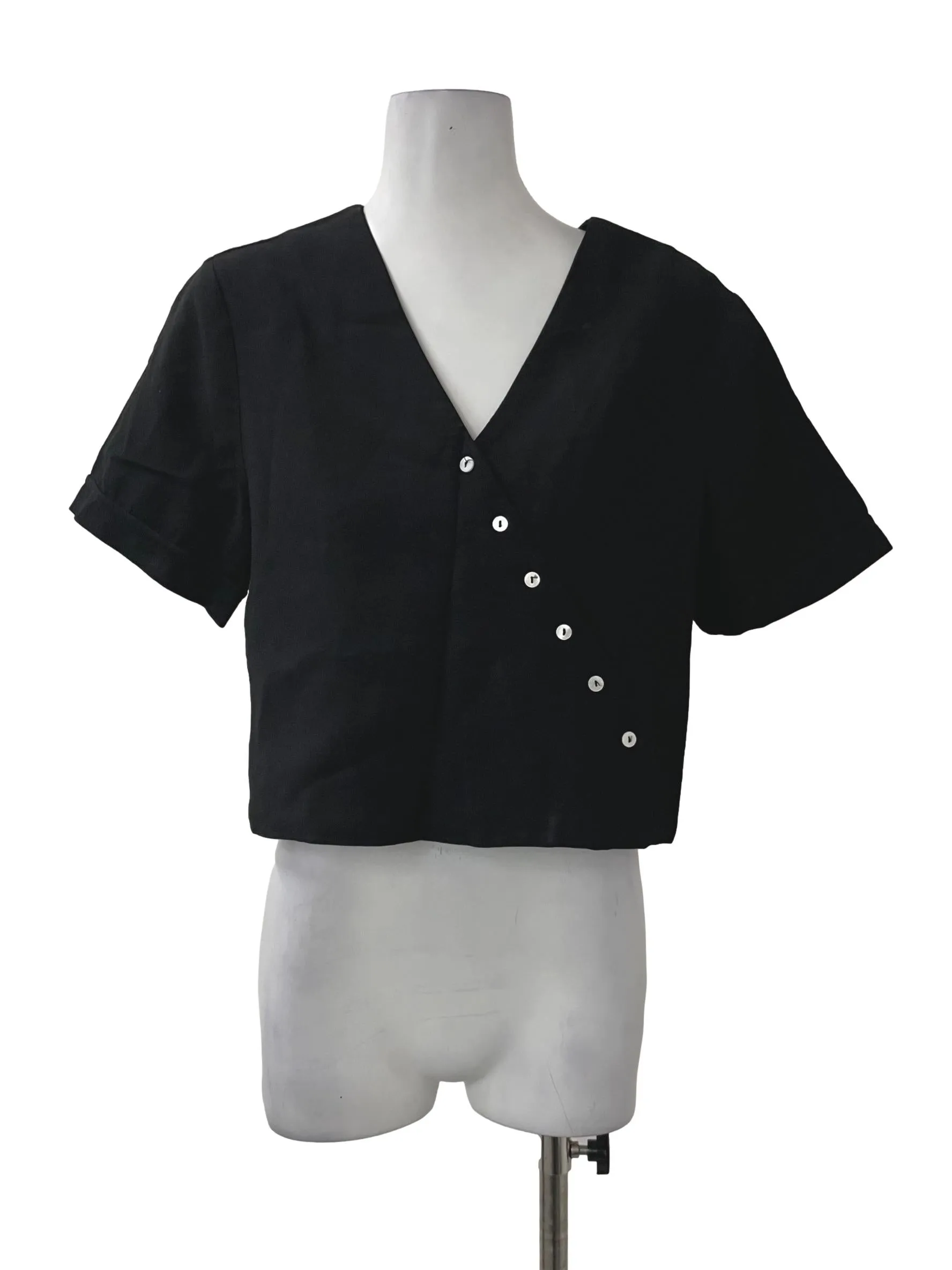 Black V Neck Button Top