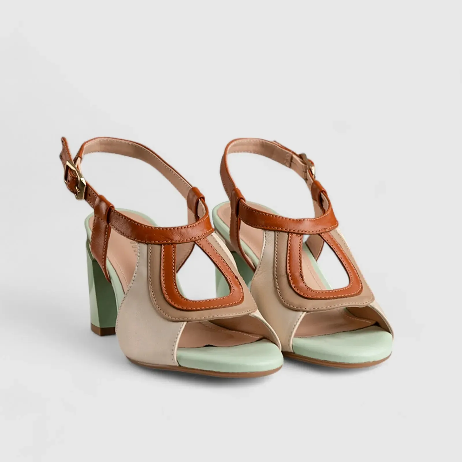 Block Heel Leather Sandal Multi 11144