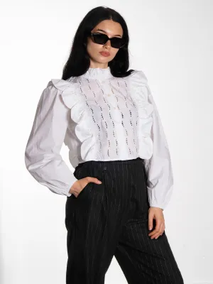 Blouse with Scallops and Embroidery - White