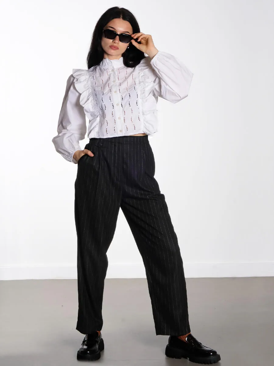 Blouse with Scallops and Embroidery - White