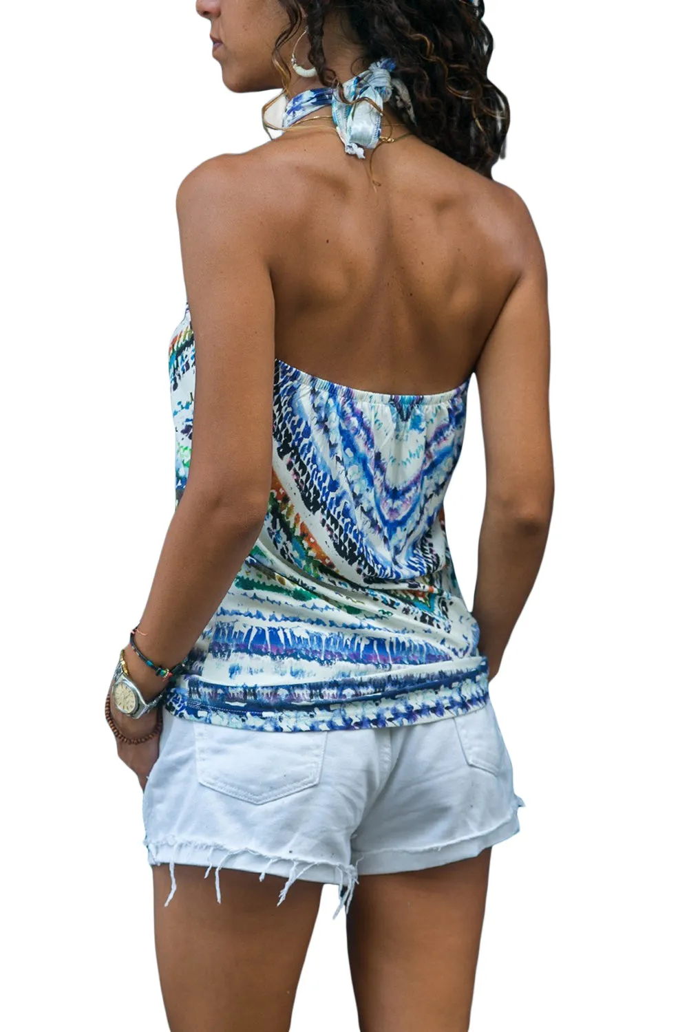 Blue Boho Print Halter Tank Top
