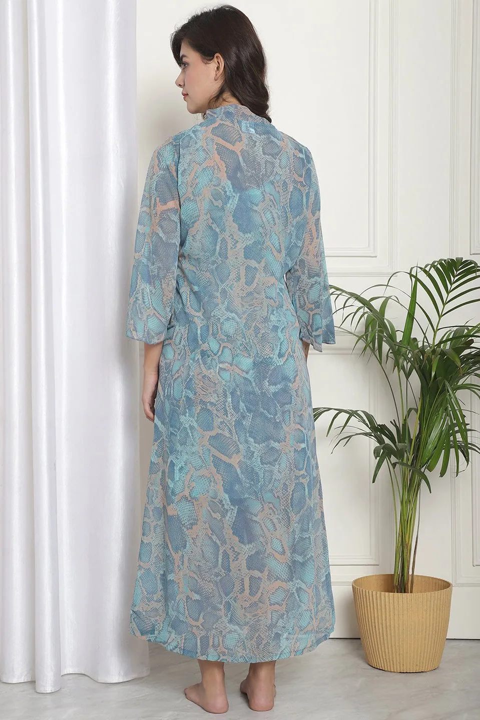 Blue color Abstract Printed Georgette Nightdress With Robe