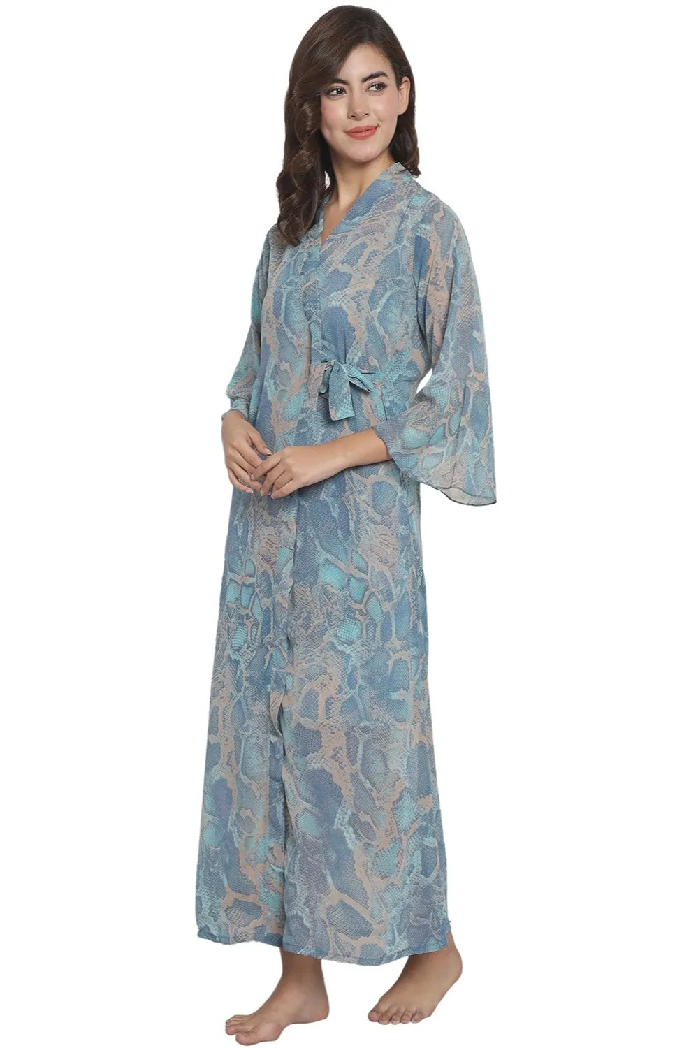 Blue color Abstract Printed Georgette Nightdress With Robe