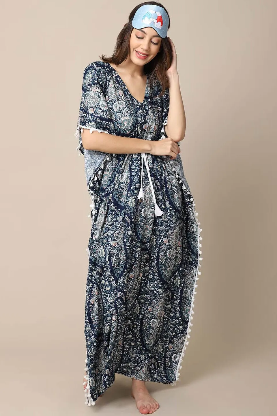 Blue Motif Printed Viscose Rayon Kaftan For Women
