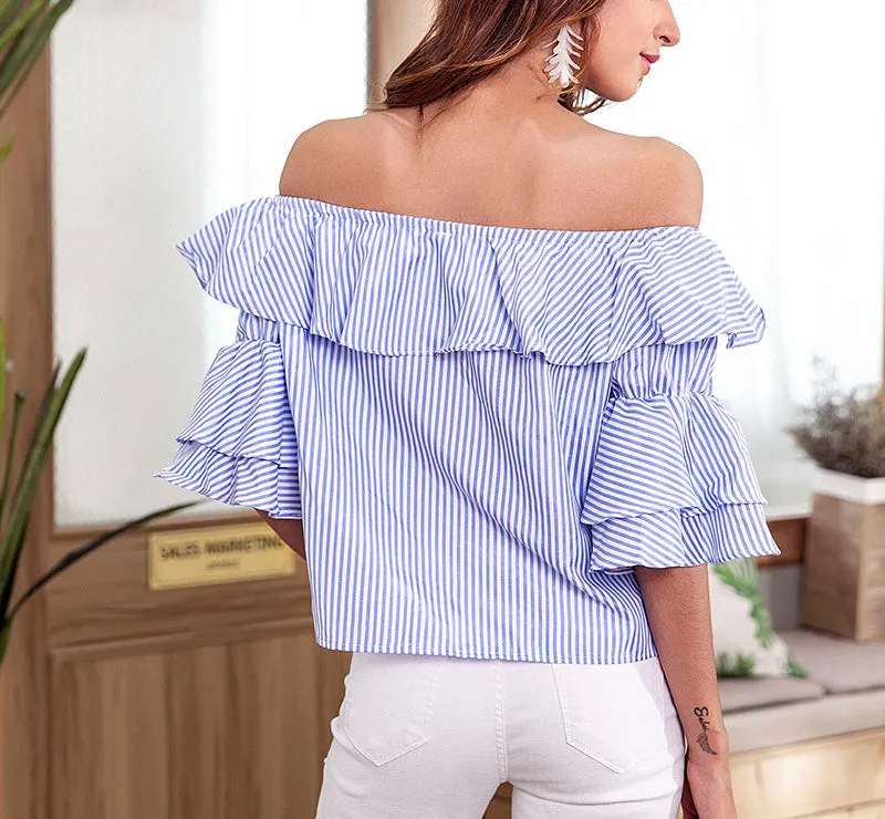 Blue Striped Word Collar Ruffled Sexy Top Button Short-sleeved Shirt