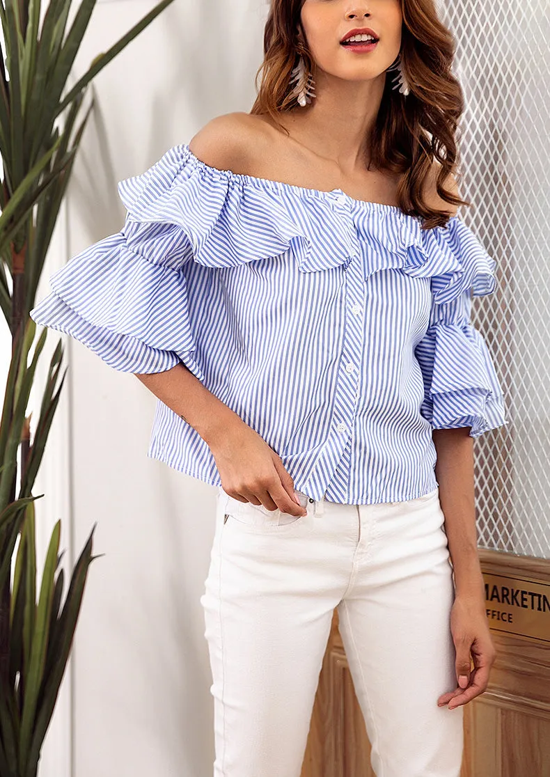Blue Striped Word Collar Ruffled Sexy Top Button Short-sleeved Shirt