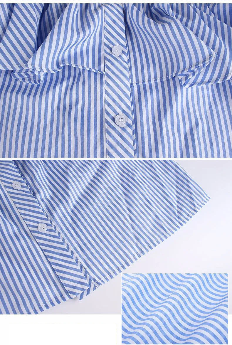 Blue Striped Word Collar Ruffled Sexy Top Button Short-sleeved Shirt