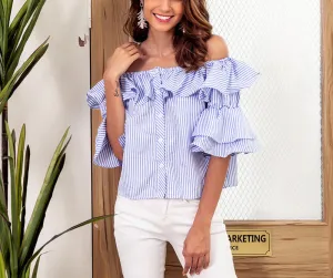Blue Striped Word Collar Ruffled Sexy Top Button Short-sleeved Shirt