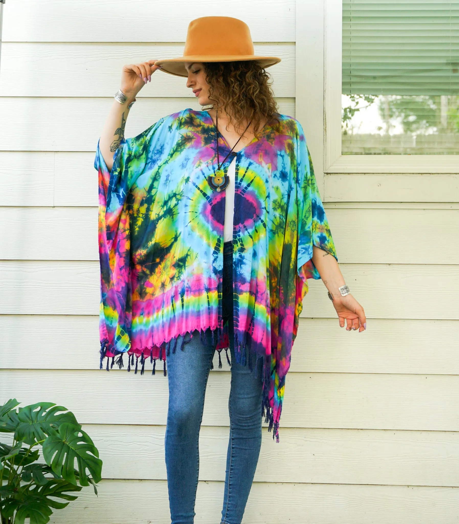 Boho Burst Tie Dye Poncho Cardigan Cover Up