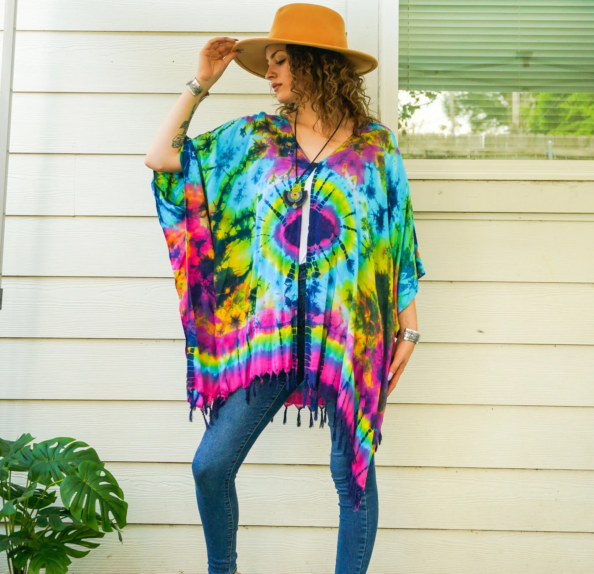 Boho Burst Tie Dye Poncho Cardigan Cover Up