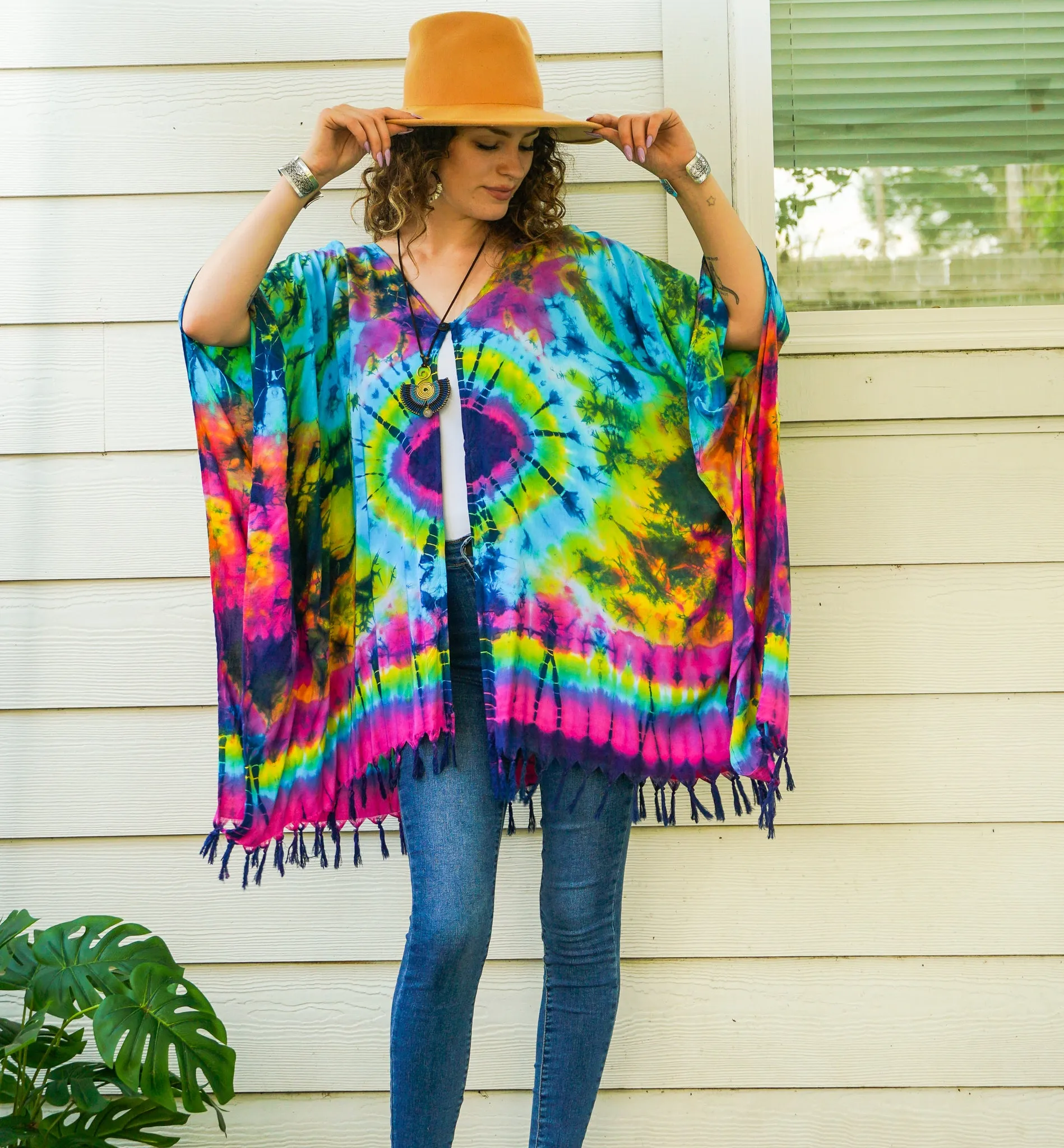 Boho Burst Tie Dye Poncho Cardigan Cover Up