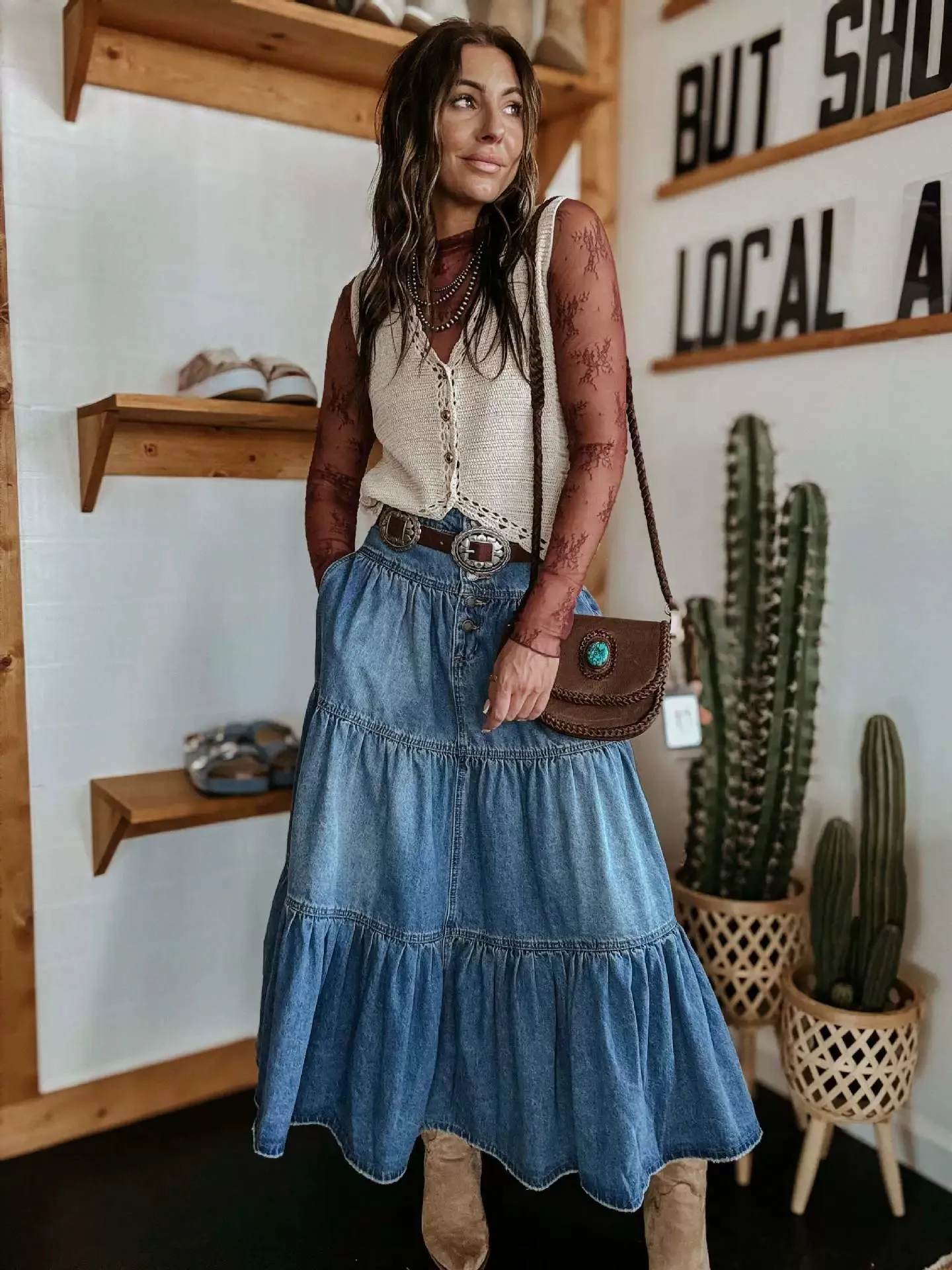 Boho Chic Denim Maxi Skirt