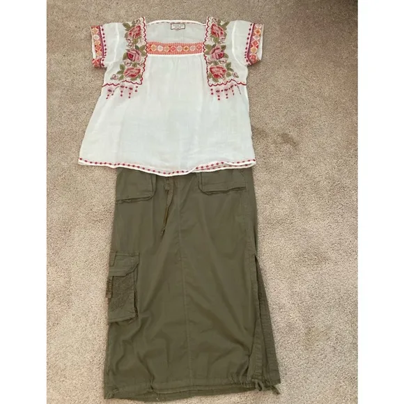 Boho drawstring utility maxi skirt with side slit