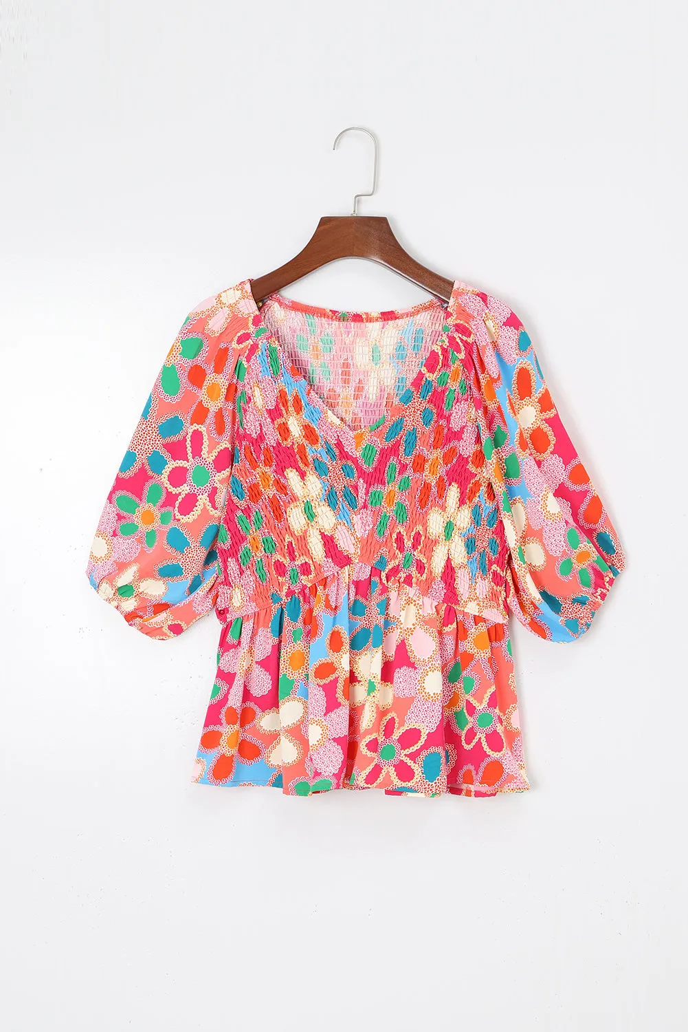 Boho Flower Print Puff Sleeve Peplum Top