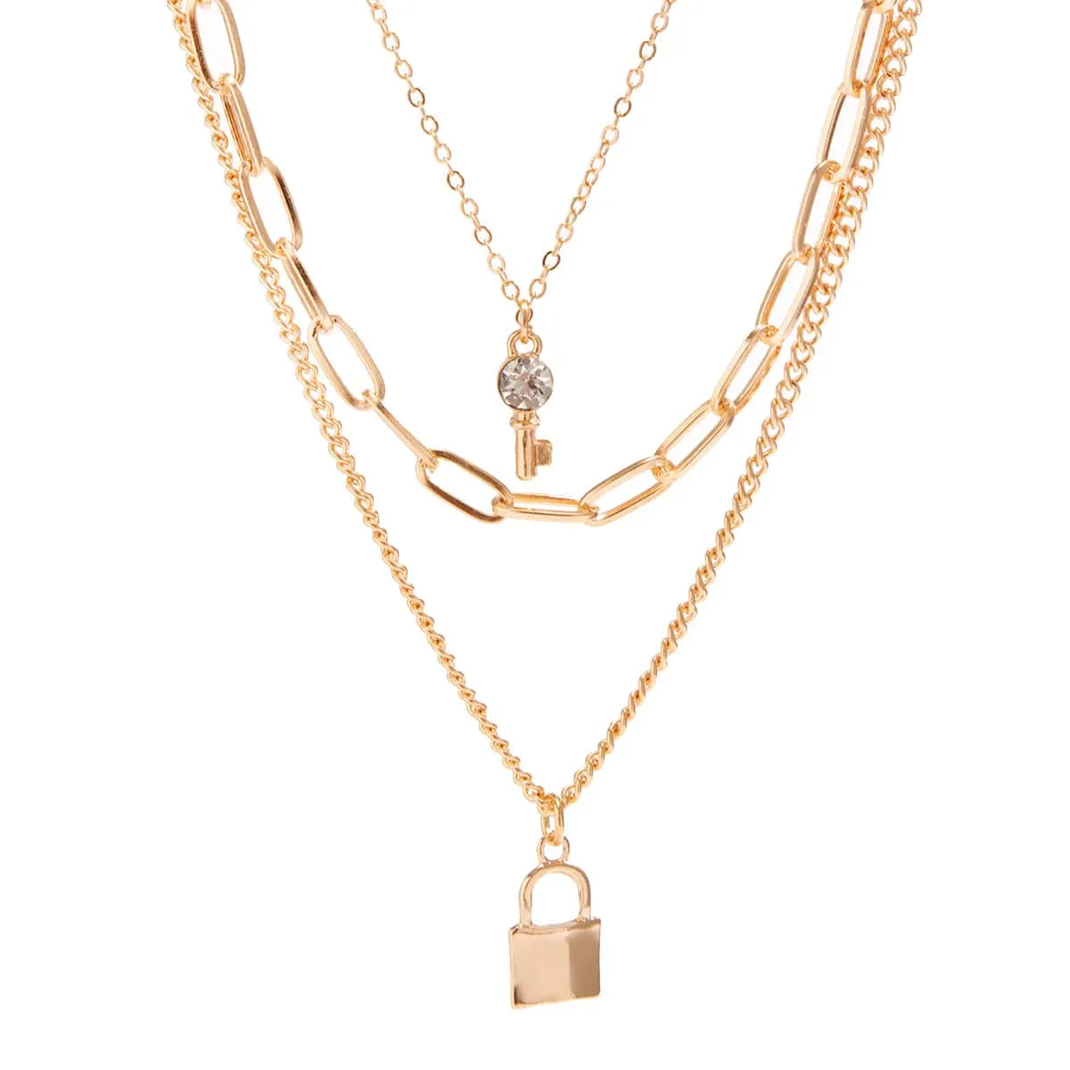 Boho Layered Crystal Key Lock Pendant Choker Necklace