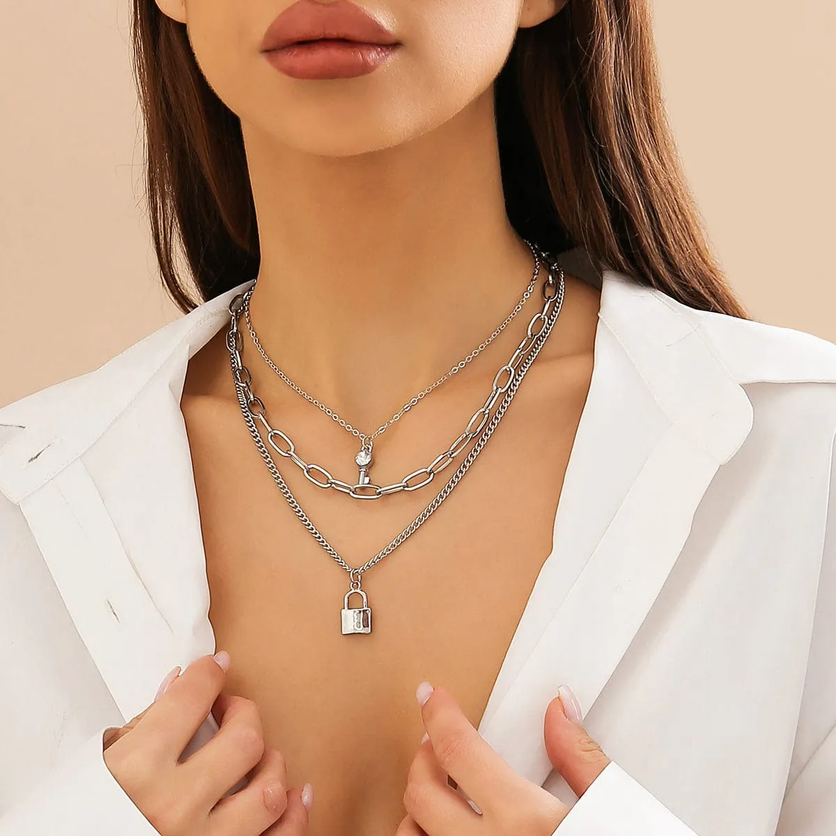 Boho Layered Crystal Key Lock Pendant Choker Necklace