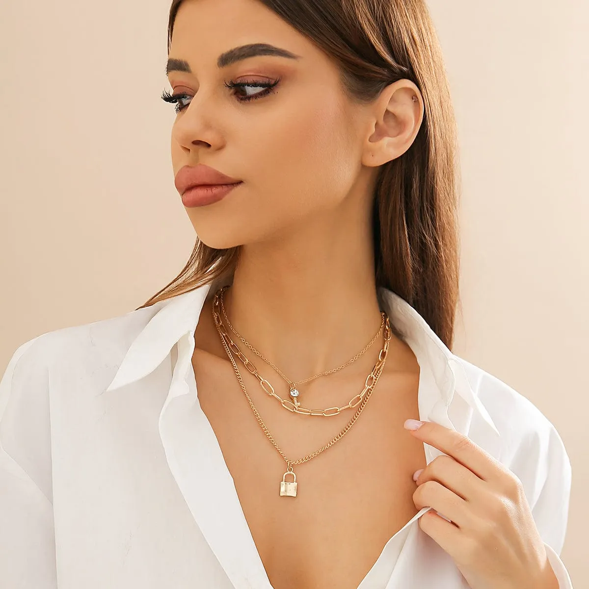 Boho Layered Crystal Key Lock Pendant Choker Necklace