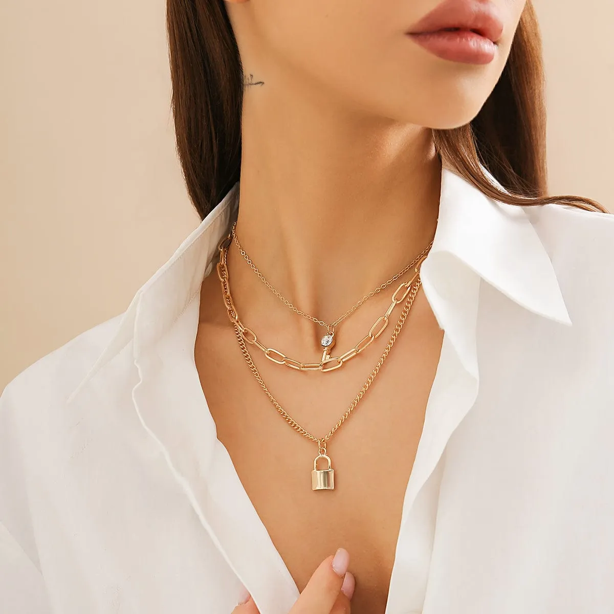 Boho Layered Crystal Key Lock Pendant Choker Necklace