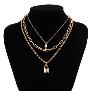 Boho Layered Crystal Key Lock Pendant Choker Necklace