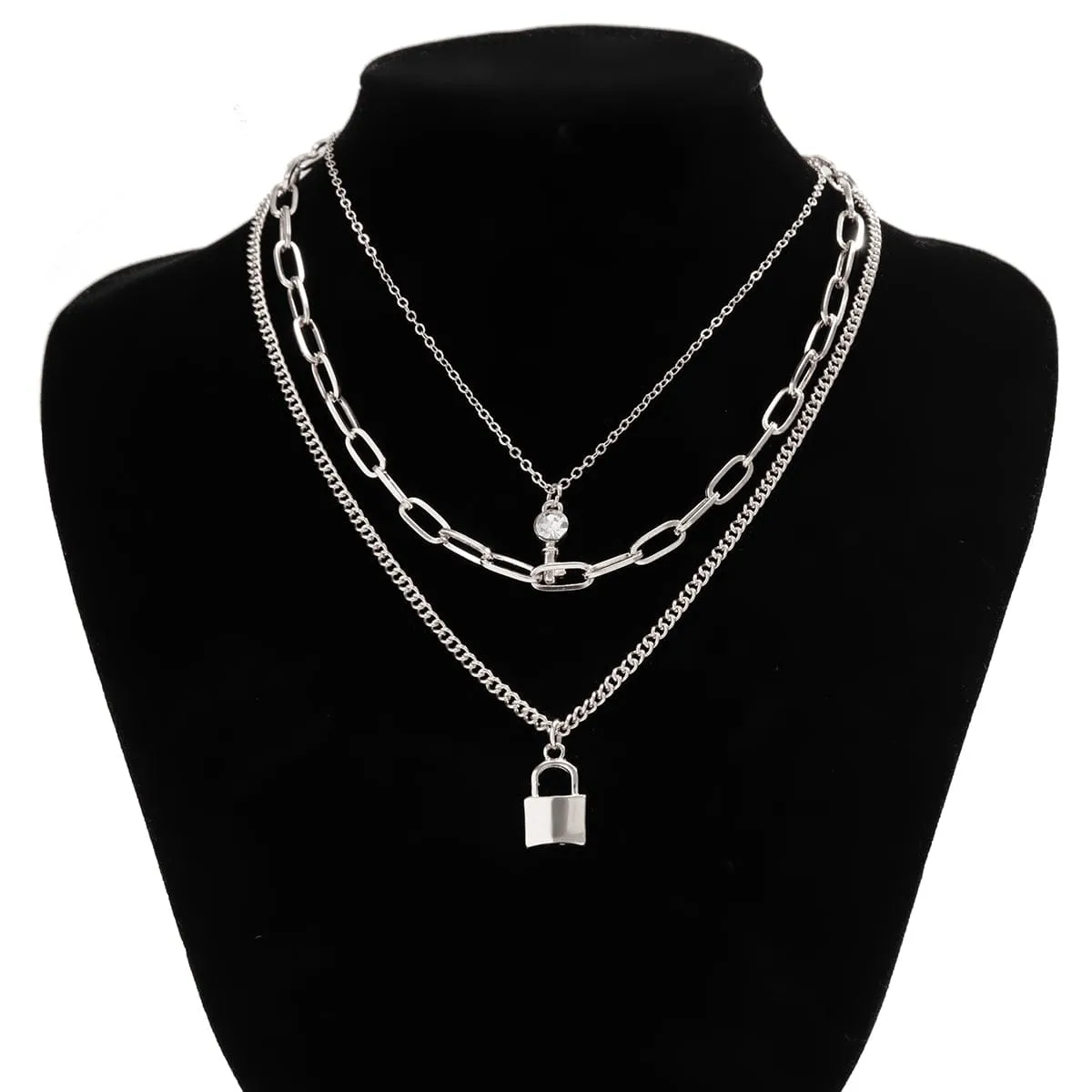 Boho Layered Crystal Key Lock Pendant Choker Necklace