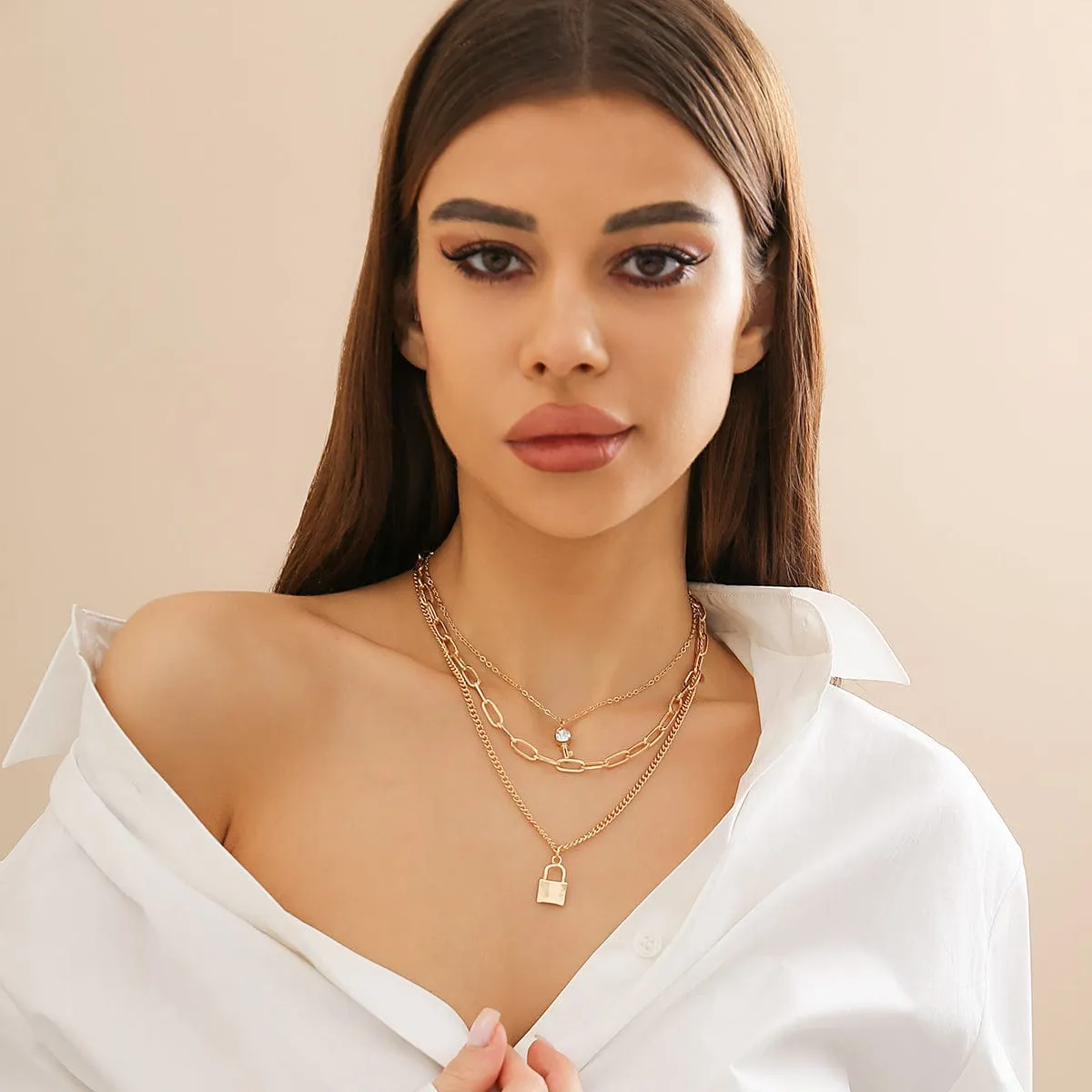 Boho Layered Crystal Key Lock Pendant Choker Necklace