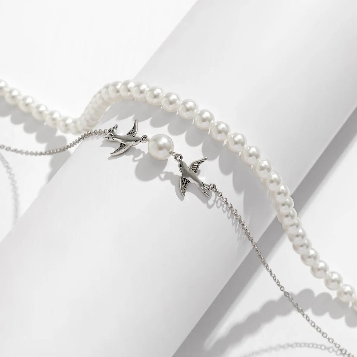 Boho Layered Duo Swift Pendant Pearl Chain Choker Necklace Set