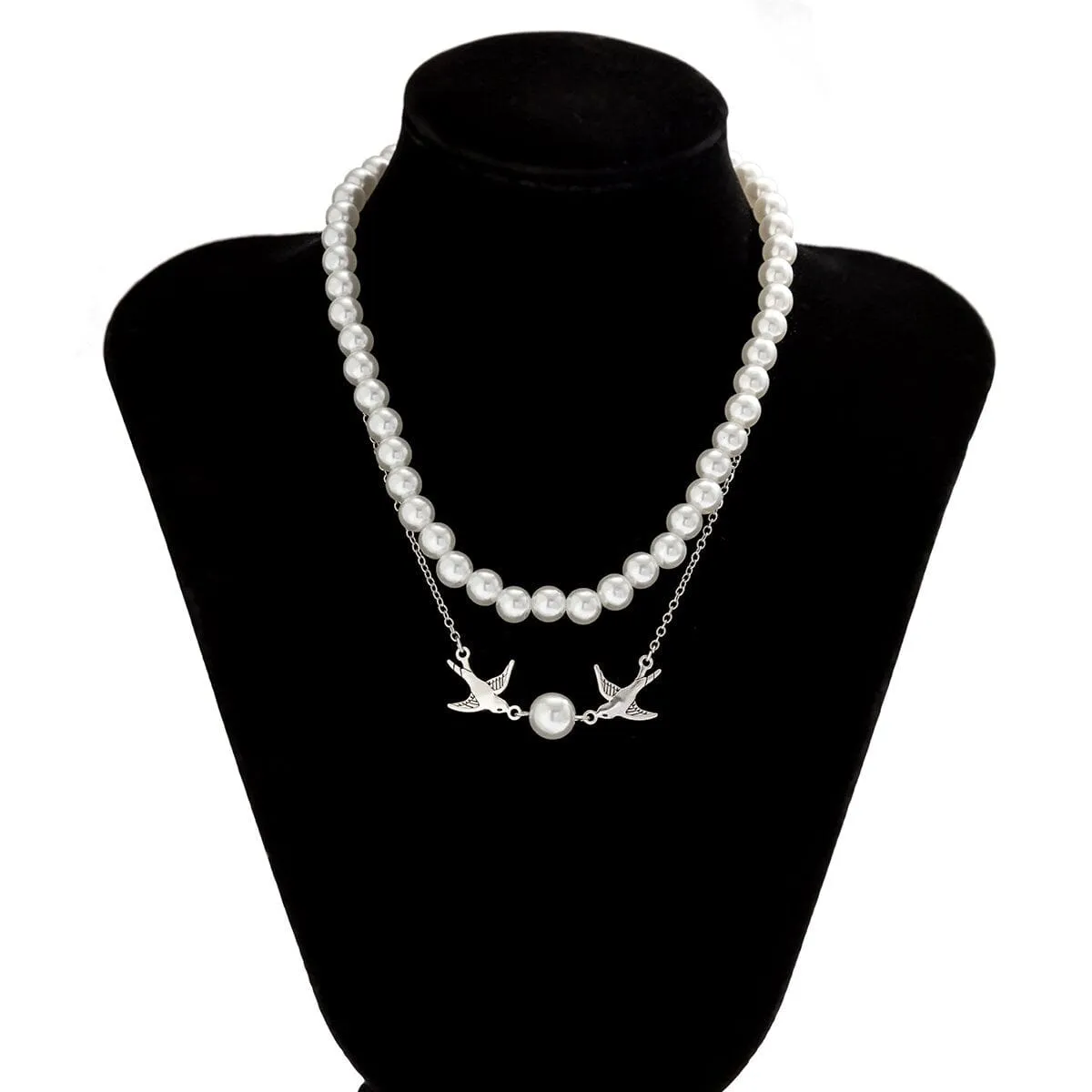Boho Layered Duo Swift Pendant Pearl Chain Choker Necklace Set