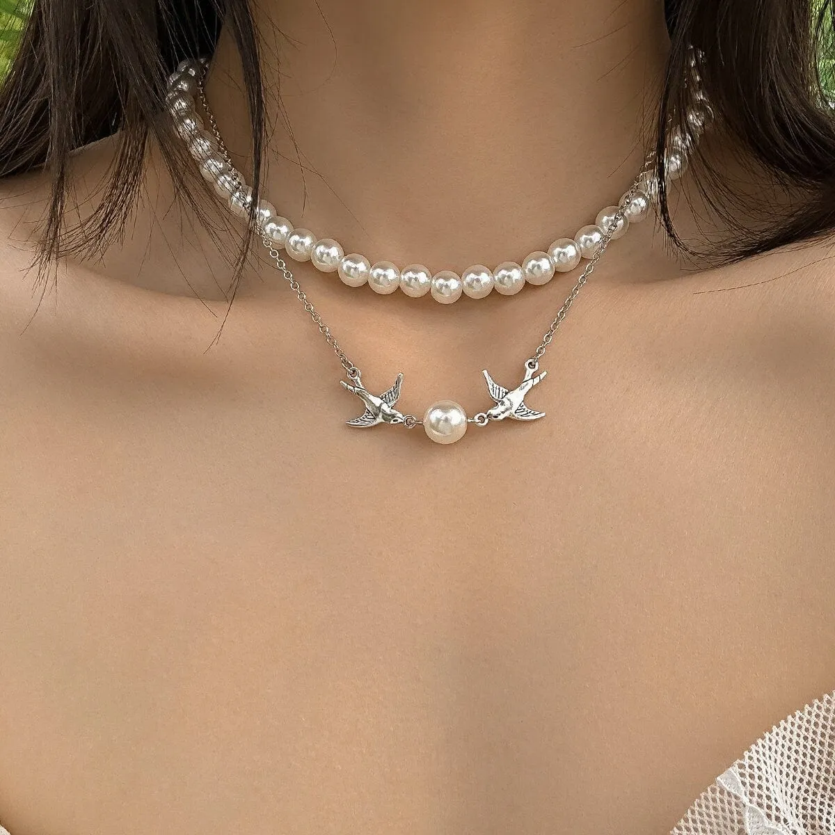 Boho Layered Duo Swift Pendant Pearl Chain Choker Necklace Set