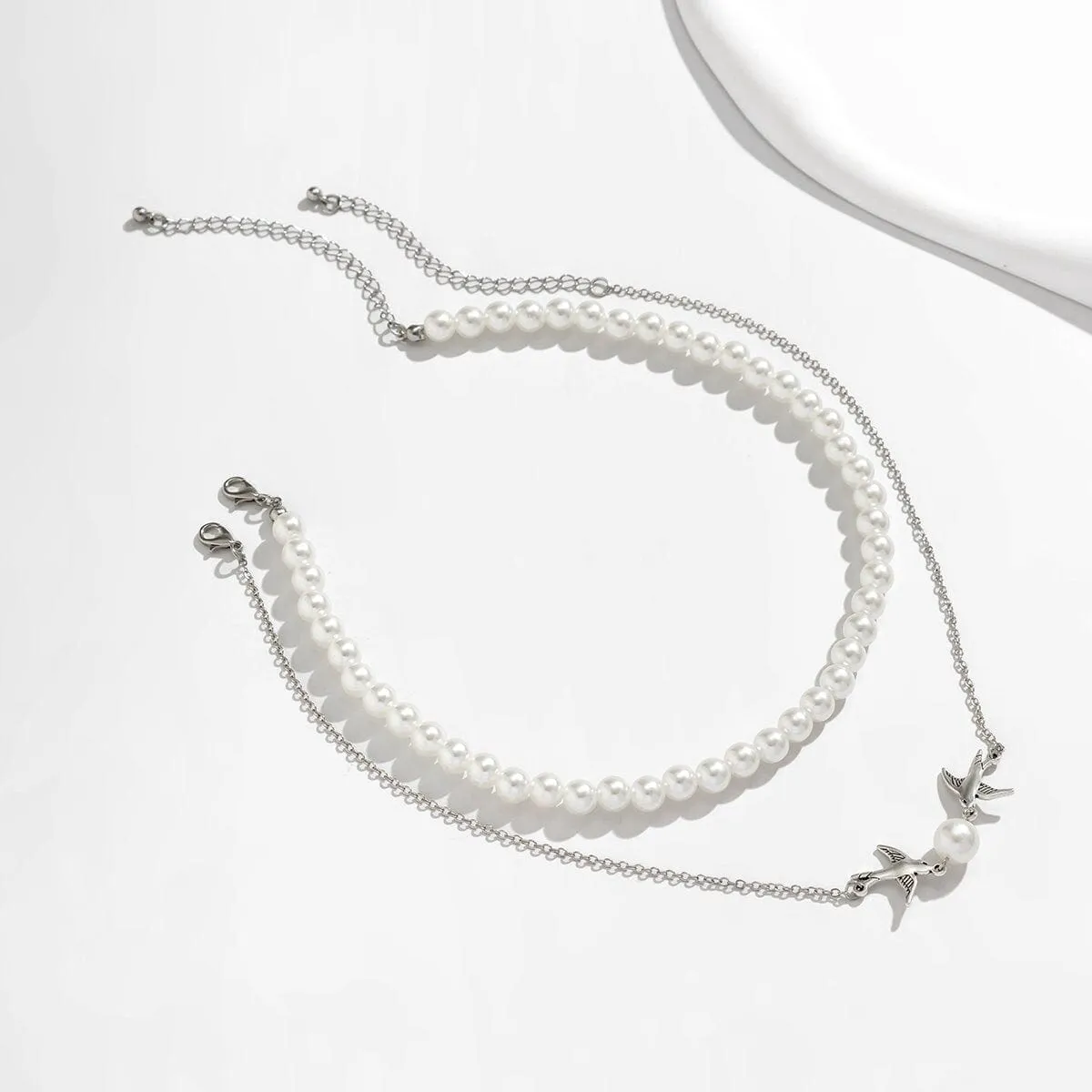 Boho Layered Duo Swift Pendant Pearl Chain Choker Necklace Set