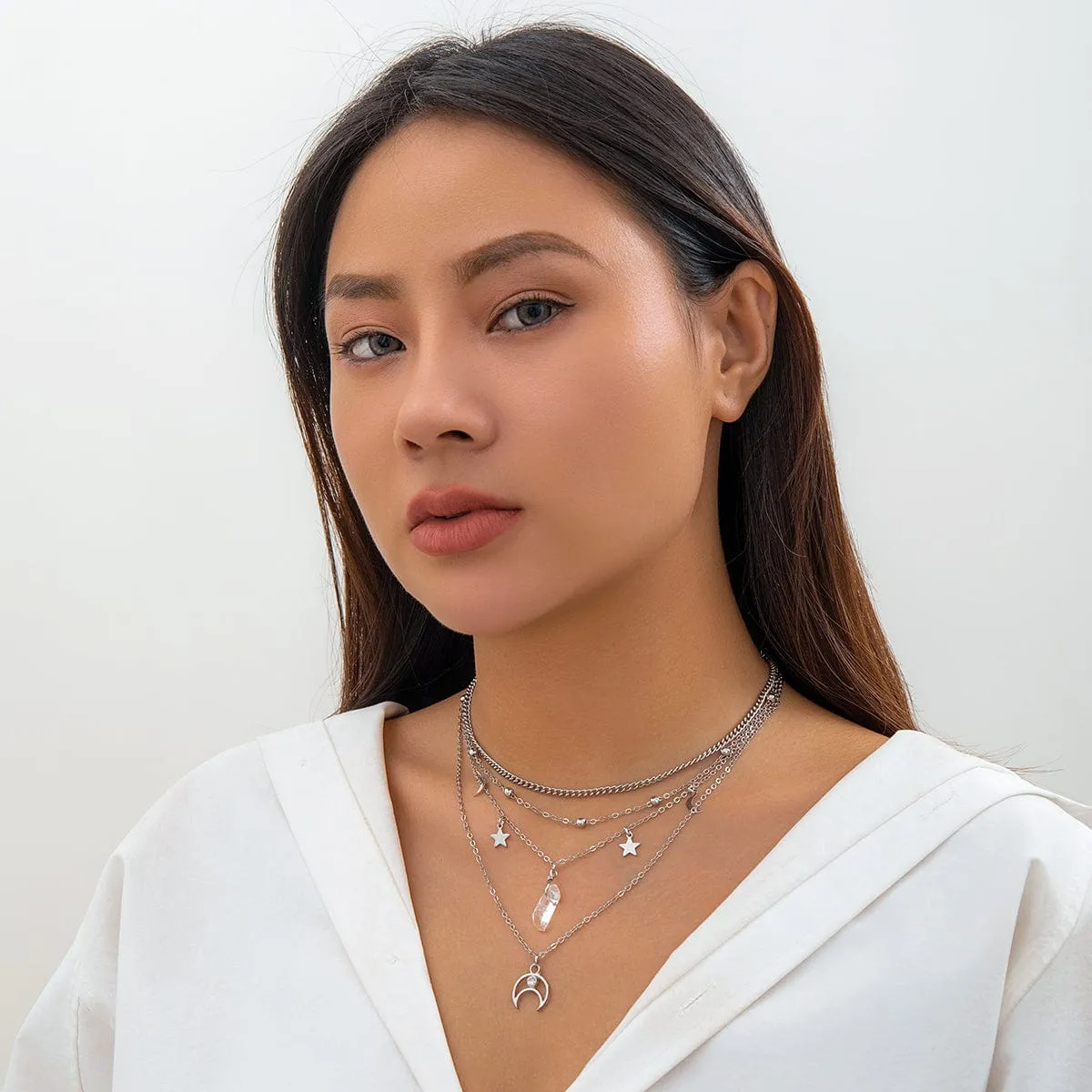 Boho Layered Star Moon Crystal Pendant Cable Chain Necklace Set